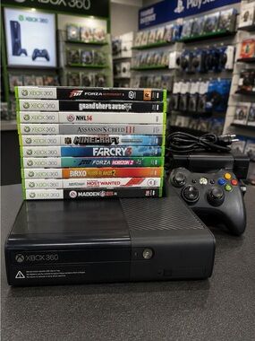 Xbox 360 E 4GB Console Bundle Tested & Working + 10 Games Controller Cables
